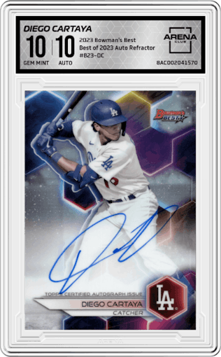 Diego Cartaya from the 2023 Bowman's Best set featuring a Refractor parallel graded by Arena Club and given an overall grade of 10.
