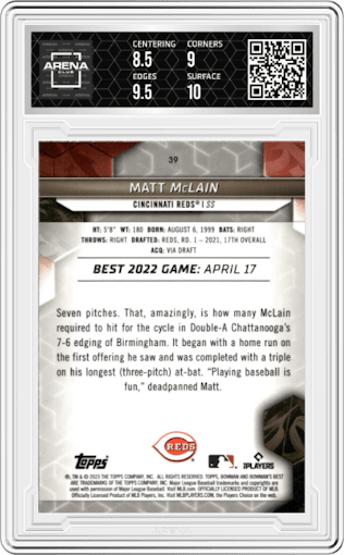 Matt McClain from the 2023 Bowman's Best set graded by Arena Club and given an overall grade of 9.