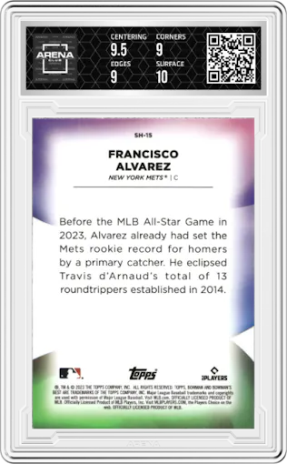 Francisco Alvarez from the 2023 Bowman's Best set graded by Arena Club and given an overall grade of 9.5.