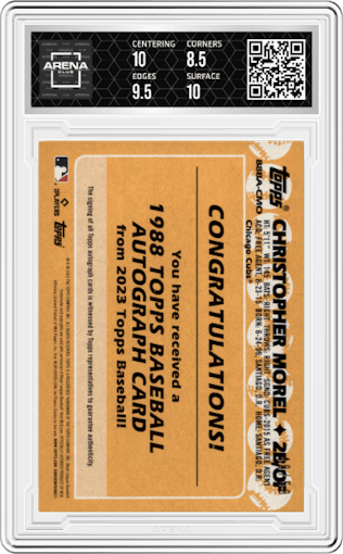 Christopher Morel from the 2023 Topps Series 1 set featuring a Gold parallel graded by Arena Club and given an overall grade of 9.