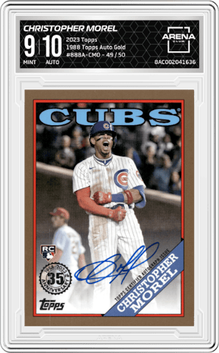 Christopher Morel from the 2023 Topps Series 1 set featuring a Gold parallel graded by Arena Club and given an overall grade of 9.