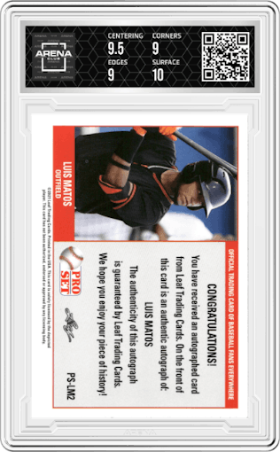 Luis Matos from the 2021 Leaf Pro Set set graded by Arena Club and given an overall grade of 9.5.