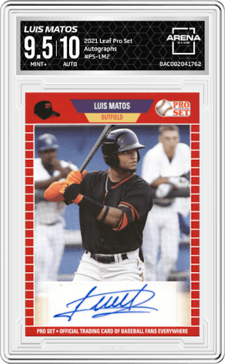 Luis Matos from the 2021 Leaf Pro Set set graded by Arena Club and given an overall grade of 9.5.