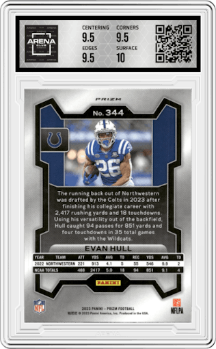 Evan Hull from the 2023 Panini Prizm set featuring a Press Proof parallel graded by Arena Club and given an overall grade of 10.