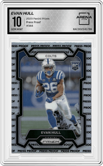 Evan Hull from the 2023 Panini Prizm set featuring a Press Proof parallel graded by Arena Club and given an overall grade of 10.