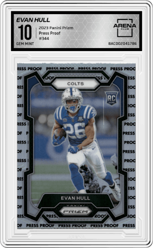 Evan Hull from the 2023 Panini Prizm set featuring a Press Proof parallel graded by Arena Club and given an overall grade of 10.