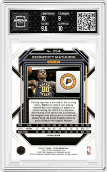 Benedict Mathurin from the 2022-23 Panini Prizm  set featuring a Green Prizm parallel graded by Arena Club and given an overall grade of 9.5.