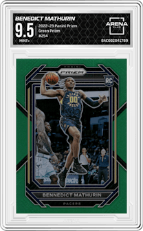 Benedict Mathurin from the 2022-23 Panini Prizm  set featuring a Green Prizm parallel graded by Arena Club and given an overall grade of 9.5.