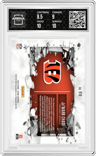 Ja'Marr Chase from the 2022 Panini Score set featuring a Red Zone parallel graded by Arena Club and given an overall grade of 9.