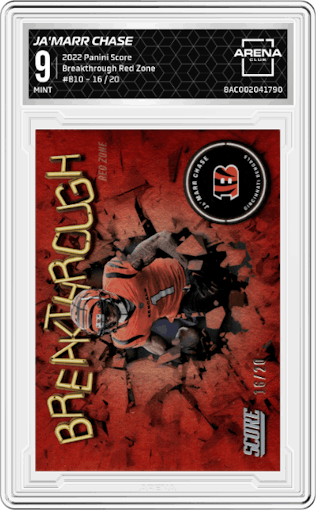 Ja'Marr Chase from the 2022 Panini Score set featuring a Red Zone parallel graded by Arena Club and given an overall grade of 9.