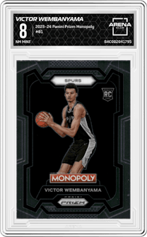 Victor Wembanyama from the 2023-24 Panini Prizm Monopoly set graded by Arena Club and given an overall grade of 8.