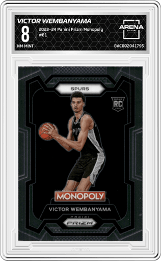 Victor Wembanyama from the 2023-24 Panini Prizm Monopoly set graded by Arena Club and given an overall grade of 8.