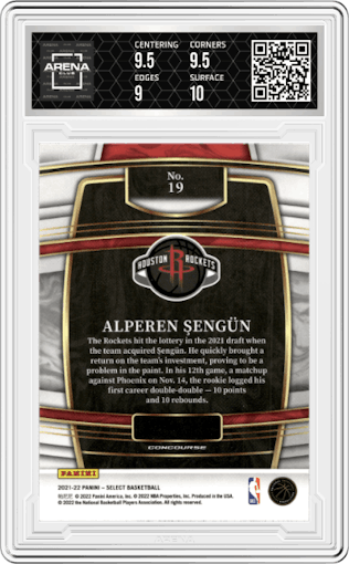 Alperen Sengun from the 2021-22 Panini Select set featuring a Blue Retail parallel graded by Arena Club and given an overall grade of 9.5.