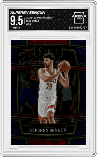 Alperen Sengun from the 2021-22 Panini Select set featuring a Blue Retail parallel graded by Arena Club and given an overall grade of 9.5.