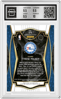 Tyrese Maxey from the 2020-21 Panini Select  set featuring a Blue Retail parallel graded by Arena Club and given an overall grade of 10.