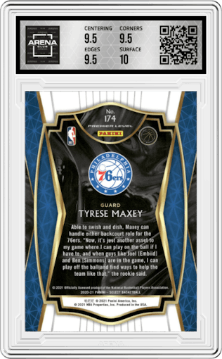 Tyrese Maxey from the 2020-21 Panini Select  set featuring a Blue Retail parallel graded by Arena Club and given an overall grade of 10.