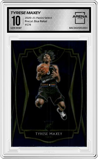 Tyrese Maxey from the 2020-21 Panini Select  set featuring a Blue Retail parallel graded by Arena Club and given an overall grade of 10.