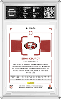 Brock Purdy from the 2022 Panini Chronicles set graded by Arena Club and given an overall grade of 9.5.