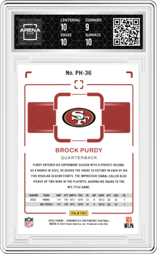 Brock Purdy from the 2022 Panini Chronicles set graded by Arena Club and given an overall grade of 9.5.