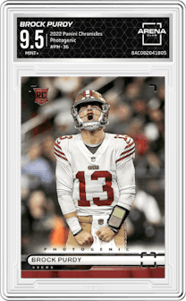 Brock Purdy from the 2022 Panini Chronicles set graded by Arena Club and given an overall grade of 9.5.