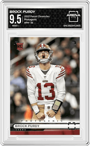Brock Purdy from the 2022 Panini Chronicles set graded by Arena Club and given an overall grade of 9.5.