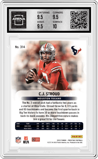 C.J. Stroud  from the 2023 Panini Prestige set graded by Arena Club and given an overall grade of 10.