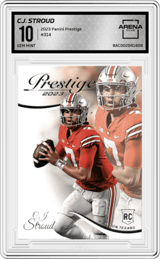 C.J. Stroud  from the 2023 Panini Prestige set graded by Arena Club and given an overall grade of 10.