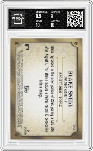 Blake Snell from the 2022 Topps Gypsy Queen set graded by Arena Club and given an overall grade of 9.5.