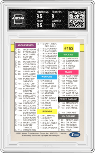 Checklist from the 1991 Impel Marvel Universe set graded by Arena Club and given an overall grade of 9.
