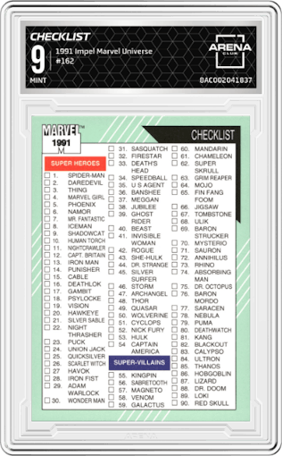 Checklist from the 1991 Impel Marvel Universe set graded by Arena Club and given an overall grade of 9.