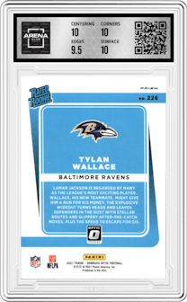 Tylan Wallace from the 2021 Panini Donruss Optic set featuring a Blue Scope parallel graded by Arena Club and given an overall grade of 10.