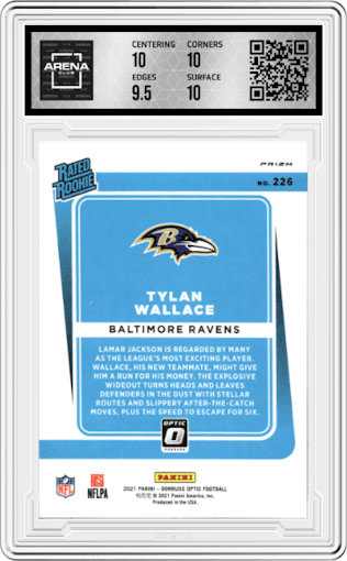 Tylan Wallace from the 2021 Panini Donruss Optic set featuring a Blue Scope parallel graded by Arena Club and given an overall grade of 10.