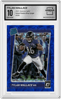 Tylan Wallace from the 2021 Panini Donruss Optic set featuring a Blue Scope parallel graded by Arena Club and given an overall grade of 10.