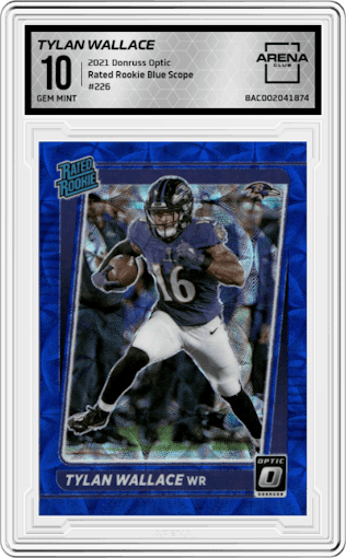 Tylan Wallace from the 2021 Panini Donruss Optic set featuring a Blue Scope parallel graded by Arena Club and given an overall grade of 10.