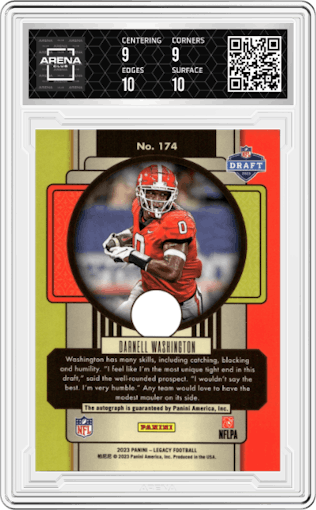Darnell Washington from the 2023 Panini Legacy set graded by Arena Club and given an overall grade of 9.5.