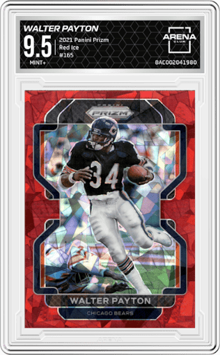 Walter Payton from the 2021 Panini Prizm set featuring a Red Ice parallel graded by Arena Club and given an overall grade of 9.5.