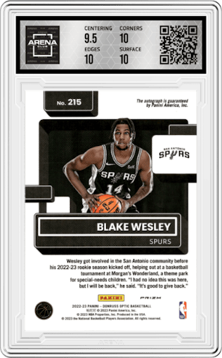 Blake Wesley from the 2022-23 Panini Donruss Optic  set featuring a Purple parallel graded by Arena Club and given an overall grade of 10.