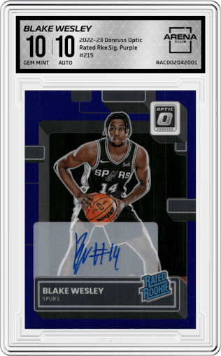 Blake Wesley from the 2022-23 Panini Donruss Optic  set featuring a Purple parallel graded by Arena Club and given an overall grade of 10.