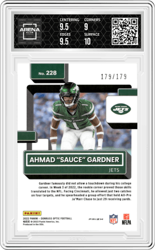 Ahmad "Sauce" Gardner from the 2022 Panini Donruss Optic set featuring a Blue parallel graded by Arena Club and given an overall grade of 9.5.