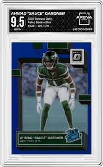 Ahmad "Sauce" Gardner from the 2022 Panini Donruss Optic set featuring a Blue parallel graded by Arena Club and given an overall grade of 9.5.