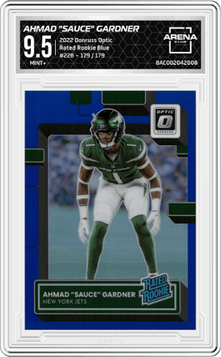 Ahmad "Sauce" Gardner from the 2022 Panini Donruss Optic set featuring a Blue parallel graded by Arena Club and given an overall grade of 9.5.