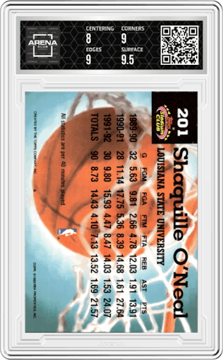 Shaquille O'neal from the 1992-93 Topps Stadium Club set graded by Arena Club and given an overall grade of 8.5.