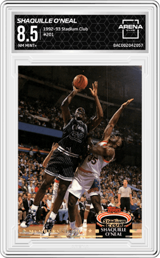Shaquille O'neal from the 1992-93 Topps Stadium Club set graded by Arena Club and given an overall grade of 8.5.