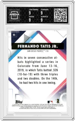 Fernando Tatis Jr. from the 2020 Topps Fire set featuring a Flame parallel graded by Arena Club and given an overall grade of 9.
