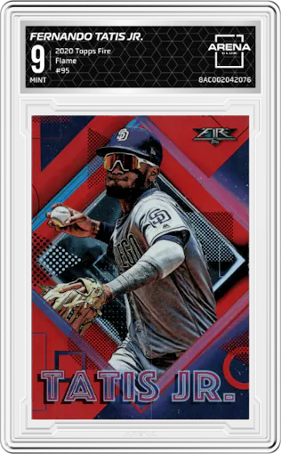 Fernando Tatis Jr. from the 2020 Topps Fire set featuring a Flame parallel graded by Arena Club and given an overall grade of 9.