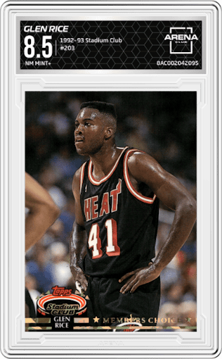 Glen Rice from the 1992-93 Topps Stadium Club set graded by Arena Club and given an overall grade of 8.5.