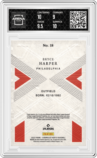 Bryce Harper from the 2022 Panini Chronicles set graded by Arena Club and given an overall grade of 9.5.