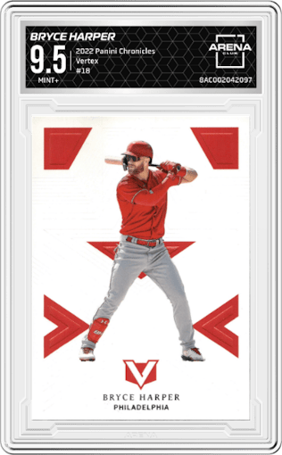 Bryce Harper from the 2022 Panini Chronicles set graded by Arena Club and given an overall grade of 9.5.
