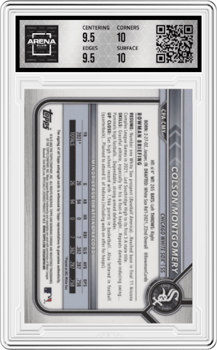 Colson Montgomery from the 2022 Bowman set featuring a Speckle Refractor parallel graded by Arena Club and given an overall grade of 10.