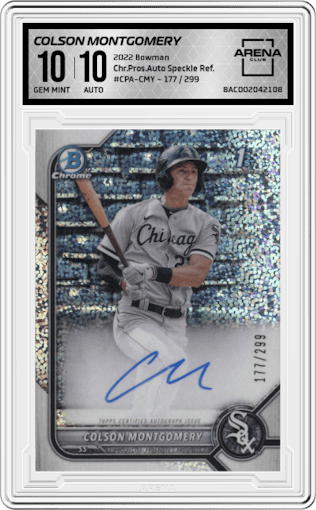 Colson Montgomery from the 2022 Bowman set featuring a Speckle Refractor parallel graded by Arena Club and given an overall grade of 10.